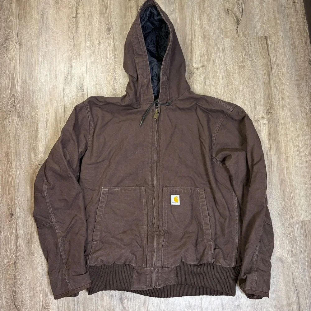 Carhartt J130-DKB Jacket Mens Large Dark Brown Hooded Quilted Canvas